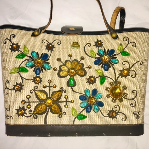 SOLD - Vintage 1960s Signed Enid Collins Canvas Bucket Bag | Jewel Garden - Picture 4 of 9
